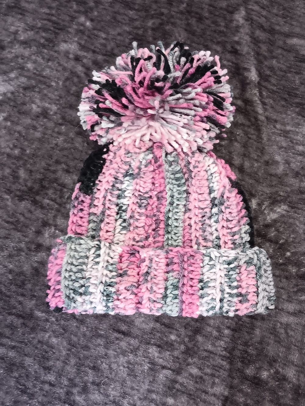 Kids Handmade Crochet Knit Pom Pom Winter Hat Pink Gray Black-One Size Fits Most